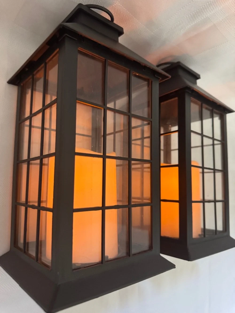 Black Plastic Wall Lanterns with Glass Warm LED Candles - Set of 2 with Timer